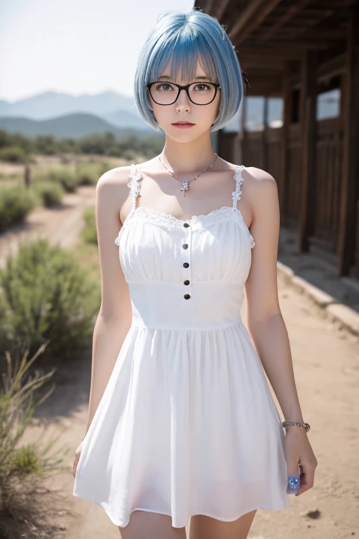 Girl with glasses,White Dress, Blue Hair short hair Cowboy Shot,
