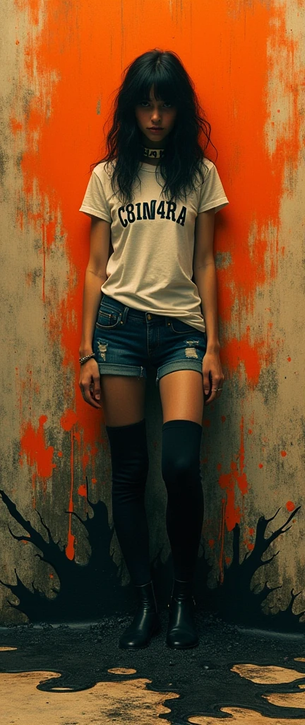70s setting, grainy analog film, abstract art, stylish artwork, conceptual art, drama, indulges in fetish, rubber black stockings, vintage jeans cut-offs, t-shirt with label "C81N4RA", slave collar, stuck in slime, orange, black,