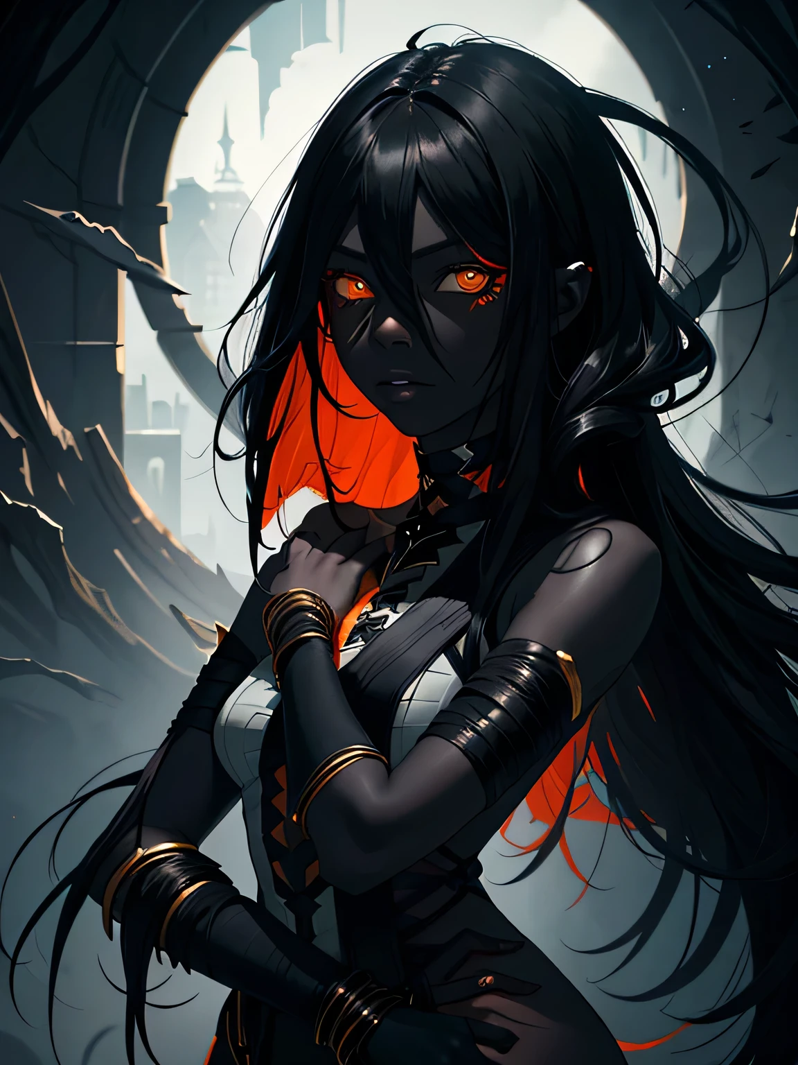 (Dark fantasy art), knee-length portrait, beautiful demon girl, ((dark black skin)), (((black skin))), (dark skin), orange eyes, orange sclera, dark gray hair, long hair, sharp hair, long bangs, ((hair covers the eyes)), bandaged arms, bandaged neck, many gray bandages, (less clothing), open clothing, highly detailed art, dark fantasy art
