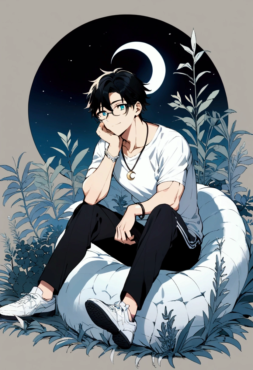 A 20 year old boy with short black hair, cyan eyes, with some rest glasses, a cyan short-sleeved shirt, a white bracelet with the zodiac sign of virgo pattern on the bracelet, black sports pants and white tennis shoes, also with a silver-colored necklace with a crescent moon pendant, somewhat muscular build, with a calm smile, in the background that the moon is blue, while sitting in the field contemplating the moon.