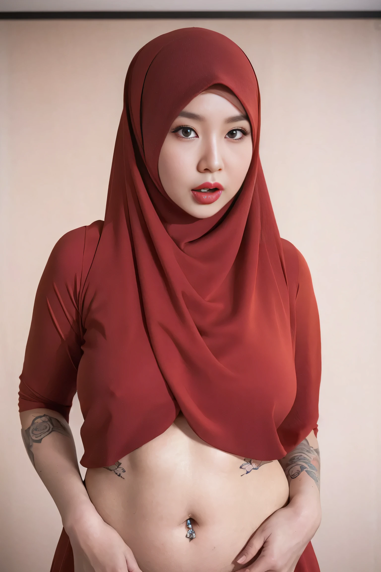 ((hijab)), (an asian woman posing for a nude photo shoot, long tongue, asian female, huge breasts, female body, asian nymph bald goddess, beautiful feminine body, beautiful oriental woman, pale-skinned persian girl, asian decent, asian girl,  naked, asian, asian women, model, asian woman, arabian, malaysian, ((office background)) , cowboy_shot, (belly tatto)),  red lips, expression in anger face, detail face, ((curvy body)), full body of tattoo
