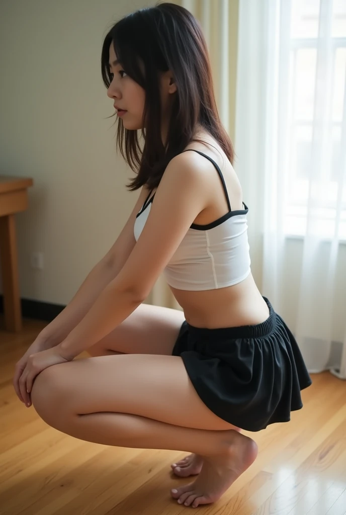 Japanese 18-year-old in a short black skirt squats and spreads her legs wide、White panties、Look this way