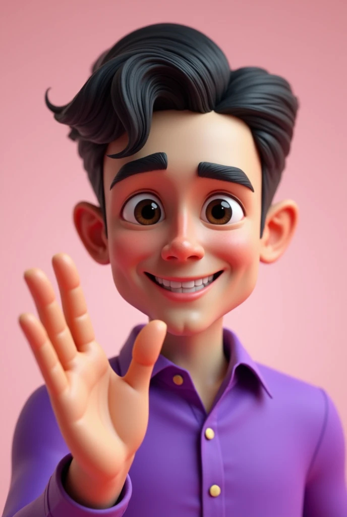 Create character in 3D drawing, 25-year-old dark-haired man, half body, formal hair and half short hair, black eyes, purple shirt, he makes a positive sign 