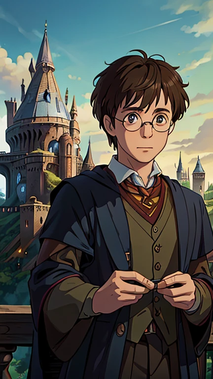 (1man, harry potter), (extremely detailed CG unit 8k wallpaper),(master part), (best quality), (ultra detail), (best illustration),(ghibli style), cowboy shot, (Sharp eyeliner, ombre, detail eyes:1), Hogwarts, outdoors background, ,break , (fairytaleai), upper body, glasses,