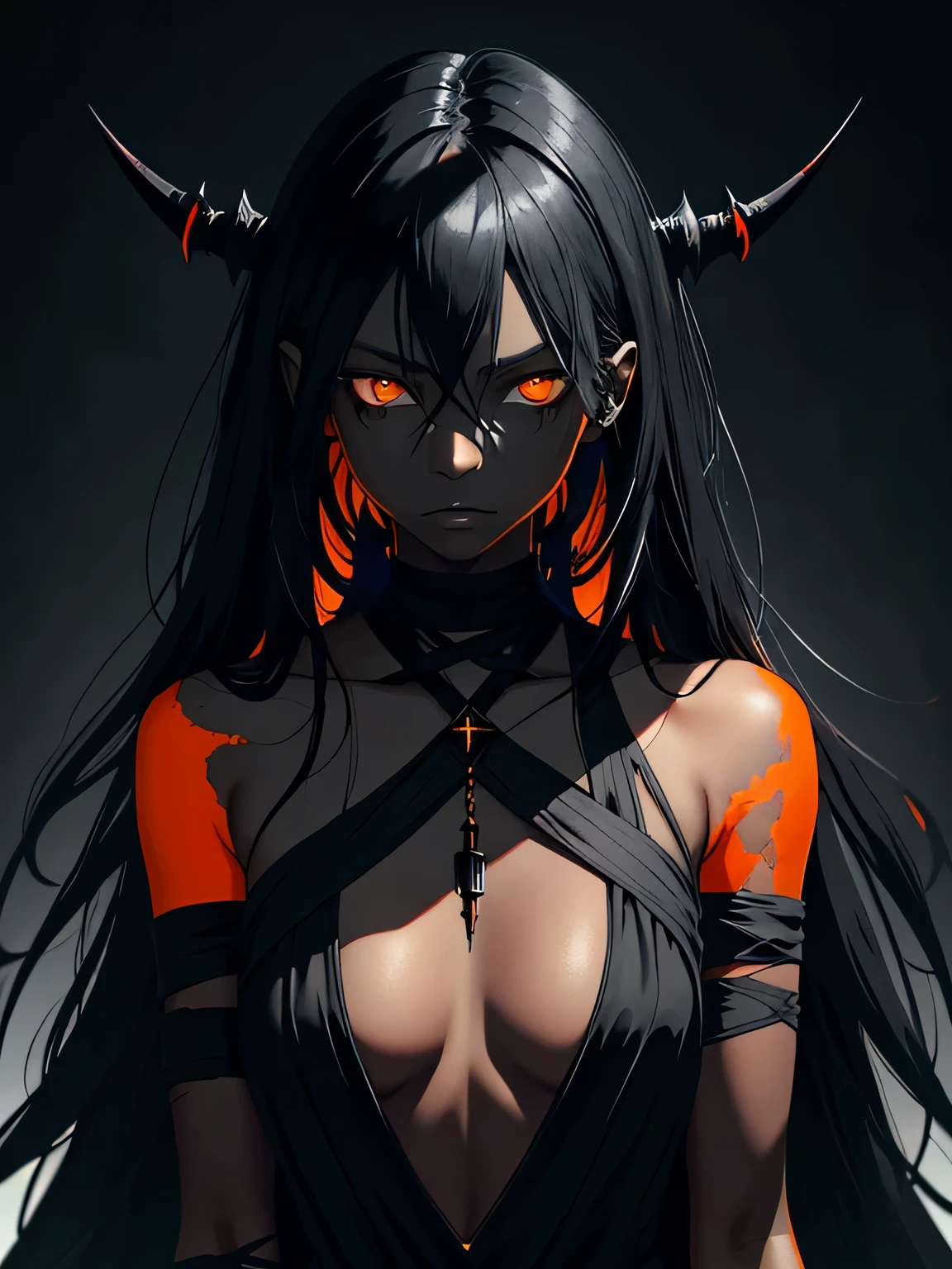 (Dark fantasy art), knee-length portrait, beautiful demon girl, ((dark black skin)), ((black skin)), orange eyes, orange sclera, dark gray hair, long hair, long bangs, ((hair covers the eyes)), bandaged arms, bandaged neck, many gray bandages, (less clothing), open clothing, highly detailed art, dark fantasy art