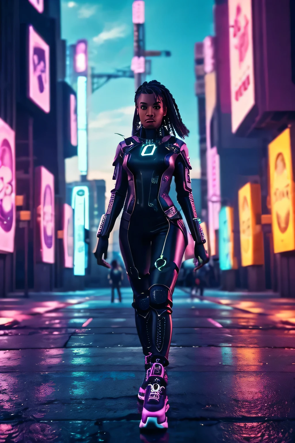 black girl with futuristic and sexualized clothes, in the middle of a cyberpunk city, with colors and well detailed sky