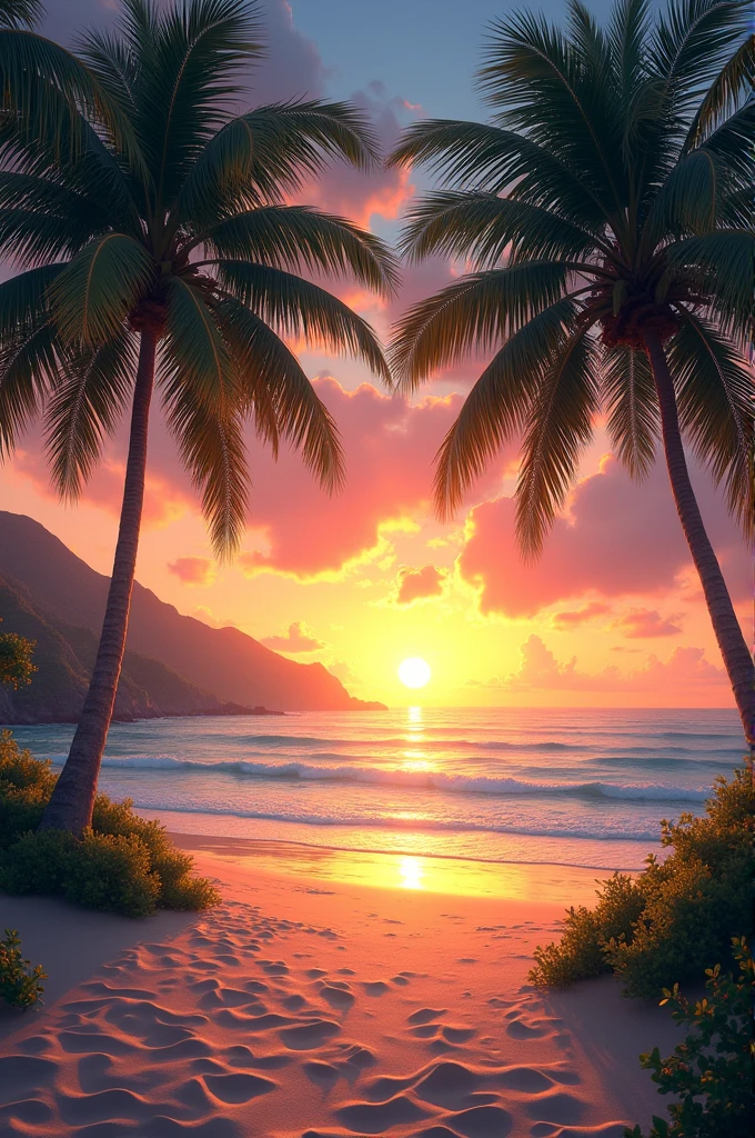 Sunset on the beach with palm trees