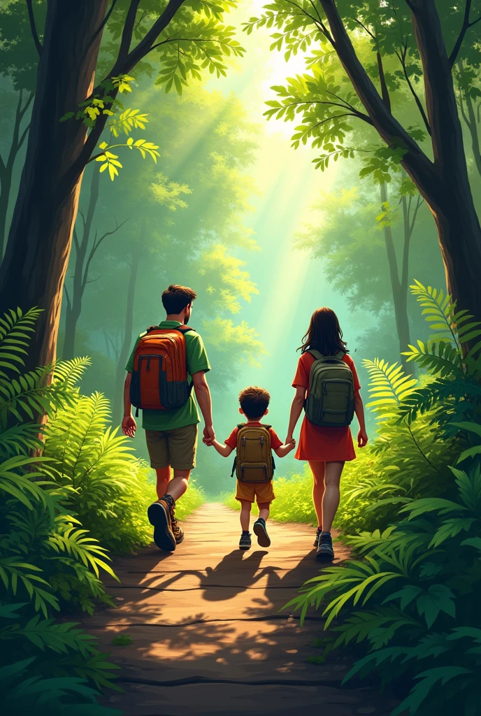 Family hiking in the woods