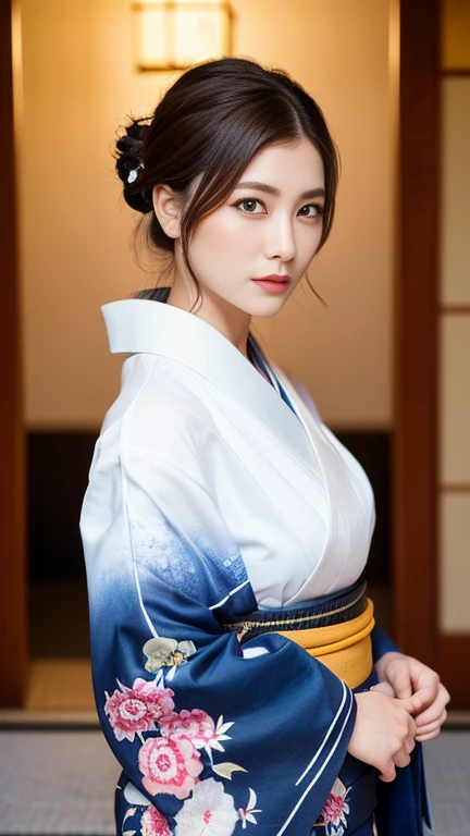 ((highest quality, 8k, masterpiece: 1.3)), sharp focus: 1.2, beautiful woman with perfect figure: 1.4, (kimono), Highly detailed face and skin texture, fine eyes, (lips), dark brown hair, cowboy shot,赤いkimono