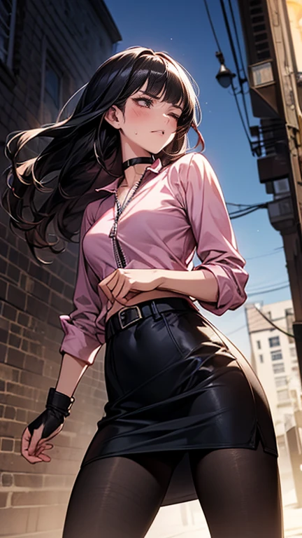 ,{{Grit your teeth:1.4}},,{{v-shaped eyebrows}},Bad mood,blush,Sweat,raise one's eyebrows,{{Very slim legs:1.4}},{{hold your stomach with one hand:1.8}},{{standing on one knee:1.6}},{{knee up:1.6}},{{Hold one hand on the side of the body:1.6}},Hold the arm with one hand,Dynamic composition,dutch angle,from below,from side,solo,170cm tall female, theatrical animation style,{{Black pantyhose:1.2}}, Power Rangers pre-transformation heroine,{{Futuristic zip-up police shirts with collar}}, Long-sleeved shirt with rolled-up arms,{{Pink-based shirt:1.6}},pink shirt,BLACK PENCIL SKIRT, BLACK SKIRT,,{{small face:1.8}},{{Grit your teeth:1.4}},{{fighting stance:1.6}}{{fight:1.6}}{{masterpiece}}, {{{Highest quality}}},{{Very detailed}},{{Pain ,Suffering}},one eye closed,{{critical situation:1.6}},{}},1girl,30years old,{Mature Woman}},{{}}、black fingerless gloves,Bad mood,profound,Beautiful thighs,clavicle、chest holster,BLACK Long Hair,Blunt bangs,Alley,Black Choker,belt,heavy breathing
