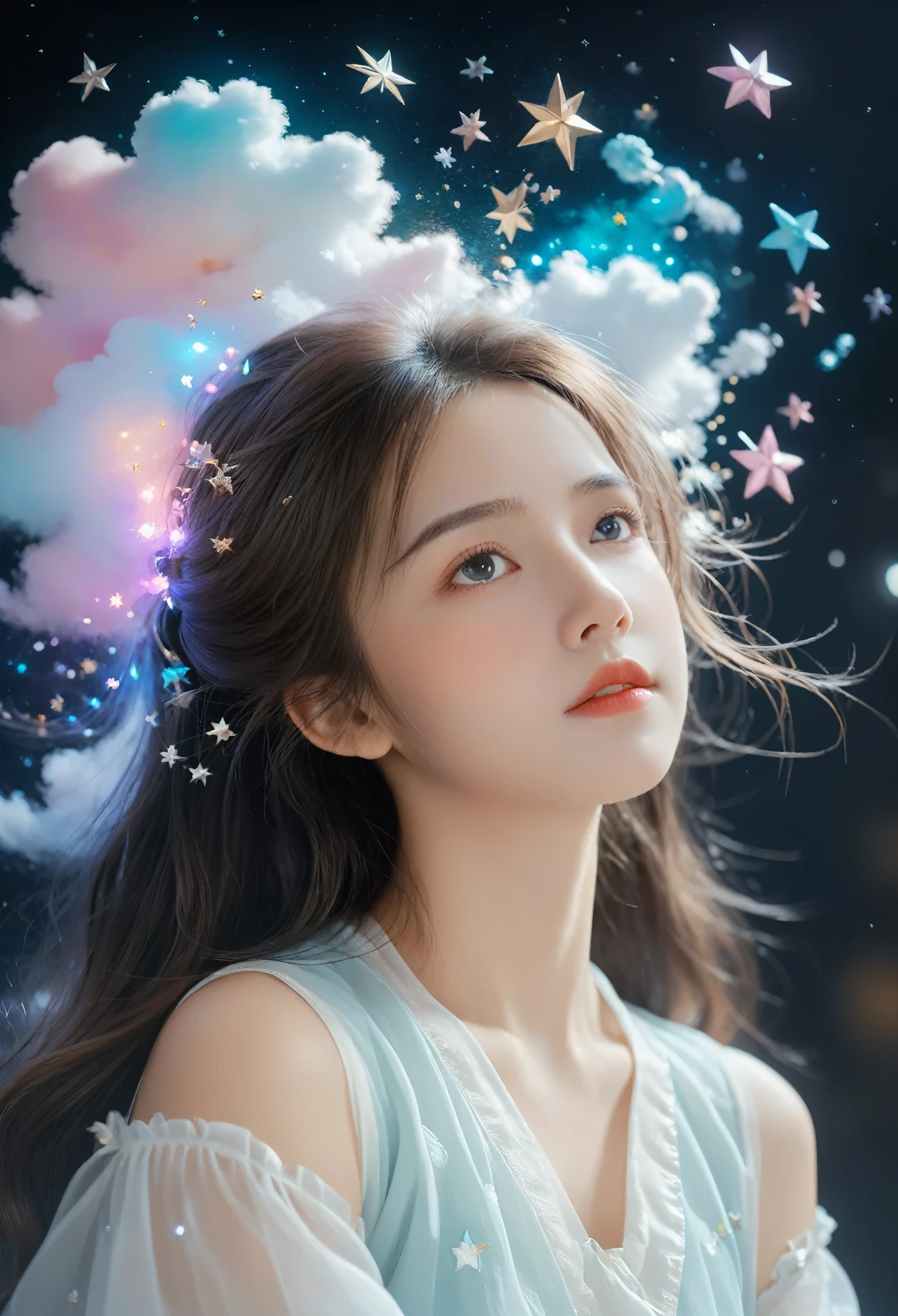 (best quality,4K,8K,high resolution,masterpiece:1.2), The girl in the cloud has fluffy hair like clouds, tiny stars, Fantasy illustration, Dreamy colors, children&#39;Illustration style.Vibrant colors