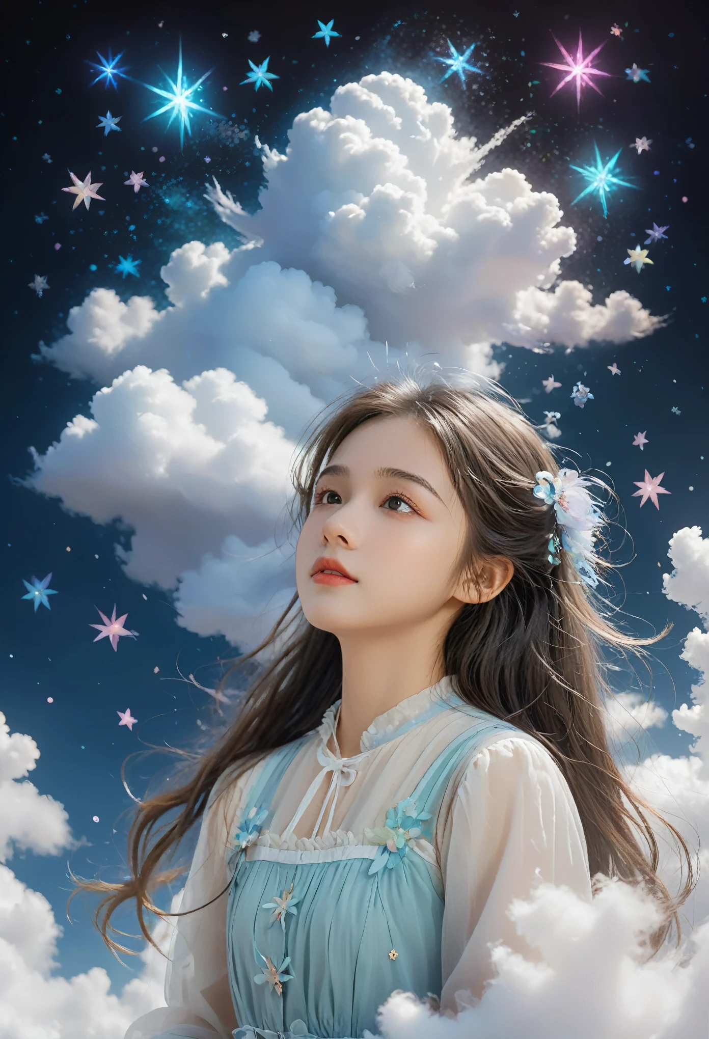 (best quality,4K,8K,high resolution,masterpiece:1.2), The girl in the cloud has fluffy hair like clouds, tiny stars, Fantasy illustration, Dreamy colors, children&#39;Illustration style.Vibrant colors