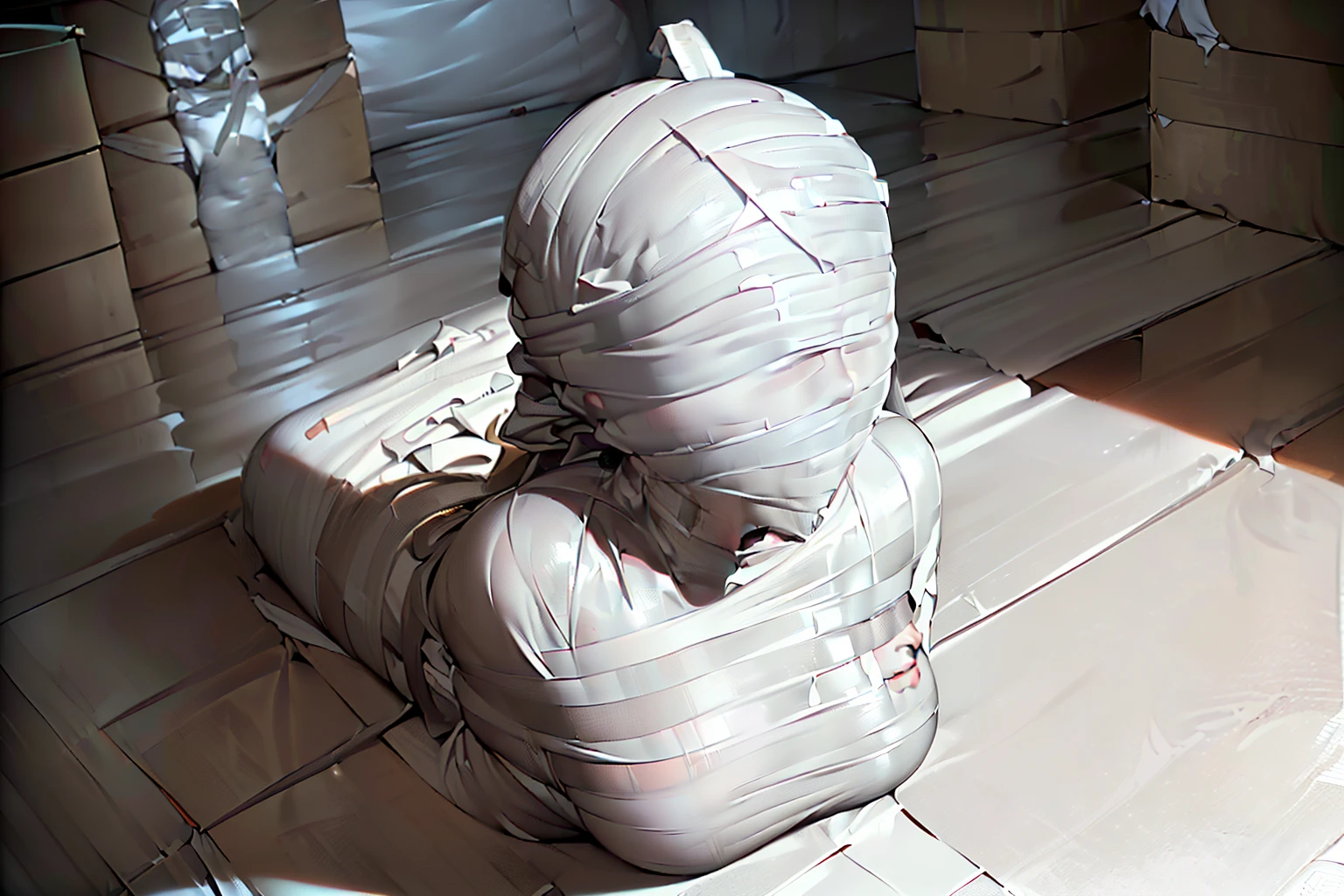 mummification, blindfold, tape gagged, (1 girl:1.4), ((Imprisoned in a warehouse)), (Highly detailed CG Unity 8k), (highest quality), (Very detailed), (Ultra-high resolution), ((Hands tied behind back)), ((Wrap the heads around with white duct tape:1.4)), (((Wrap the eyes around with white duct tape:1.5))), ((Wrap the mouth around with white duct tape:1.4)), ((blindfold around with white duct tape:1.4)), ((Wrap the face around with white duct tape:1.4)), ((From head to toe, wrap them in white duct tape to make a mummification:1.5)), Mummy Girl Crawling on the Ground,