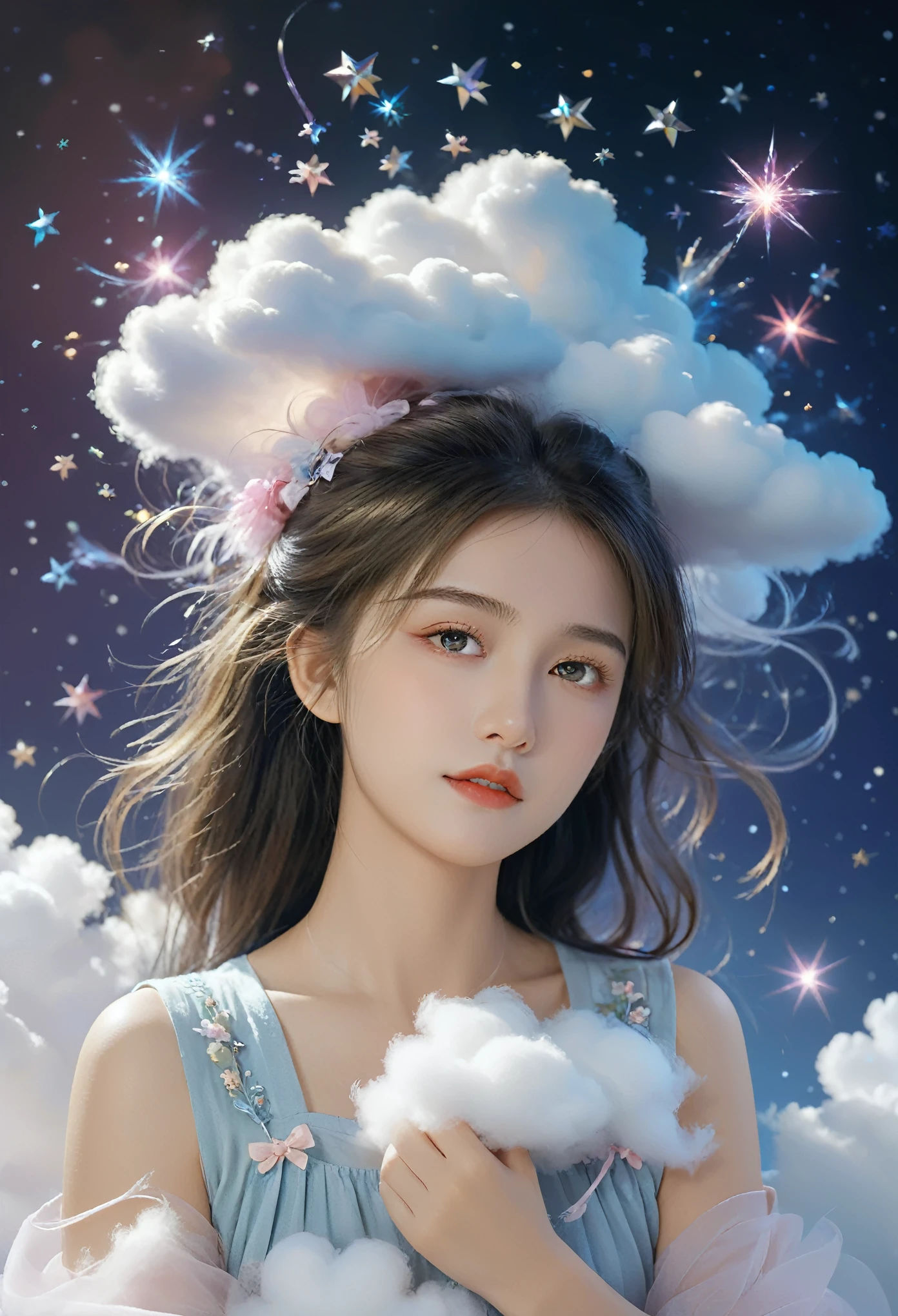 (best quality,4K,8K,high resolution,masterpiece:1.2), The girl in the cloud has fluffy hair like clouds, tiny stars, Fantasy illustration, Dreamy colors, children&#39;Illustration style.Vibrant colors