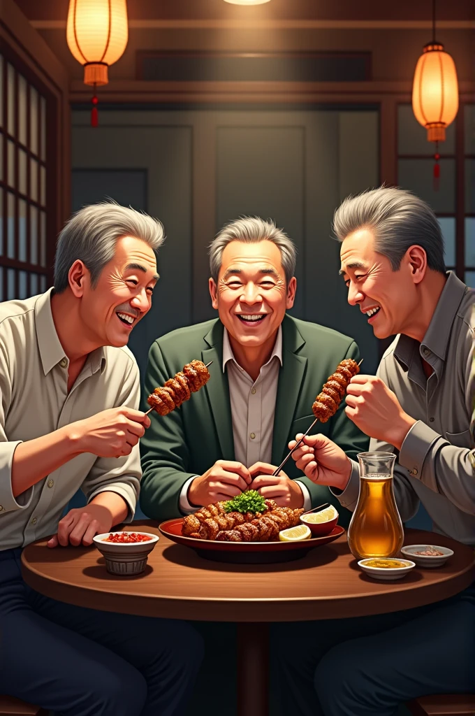 Three men eating yakitori