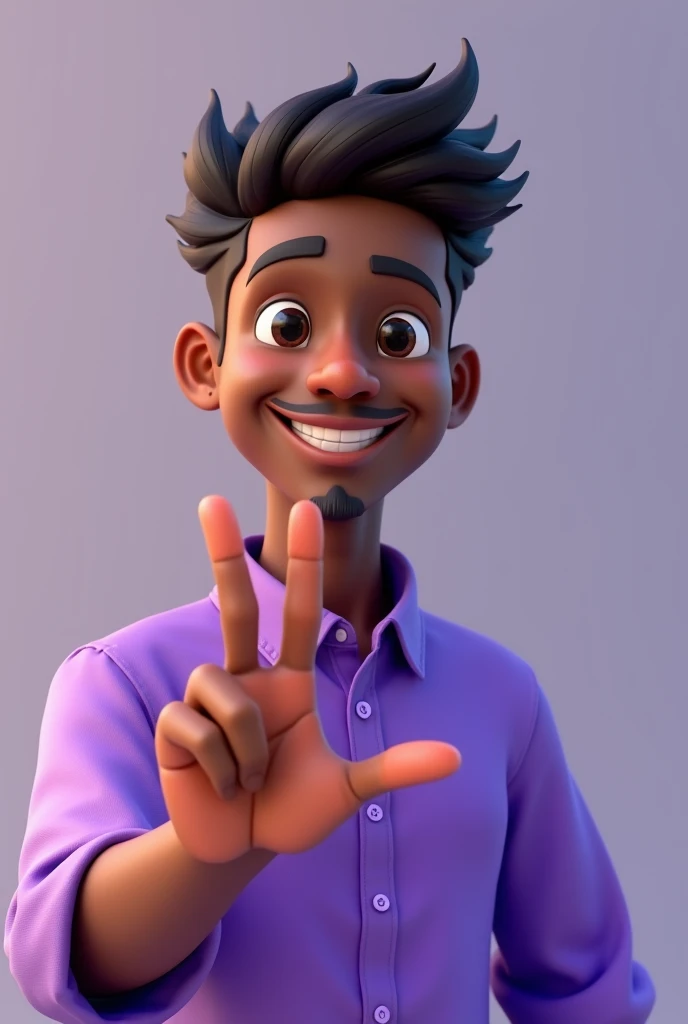 Create a 3D drawing character, a 25-year-old dark-skinned man, medium body, medium hair, social cut and medium small pixie cut, black eyes, purple shirt, he makes a positive sign