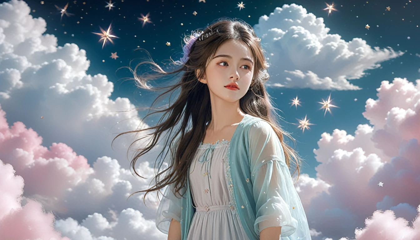 (best quality,4K,8K,high resolution,masterpiece:1.2), The girl in the cloud has fluffy hair like clouds, tiny stars, Fantasy illustration, Dreamy colors, children&#39;Illustration style.Vibrant colors