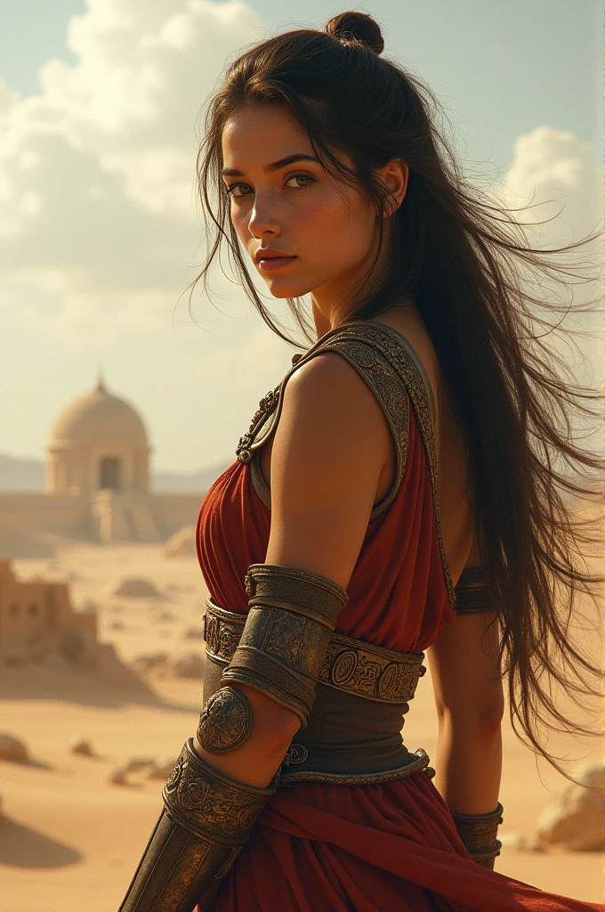 (masterpiece), full hd, best quality, 1 girl, solo, 16 years old, beautiful, shapely, big hips, big breasts, innocent, Pure, delicate, Proportional body, perfect body figure, cold face, long hair flying in the wind, Photos with depth, wind, (masterpiece), full hd, best quality, expressive eyes, perfect face, 1 girl, solo, Portrait of an ancient Persian female warrior wearing armor fighting fiercely in the desert, In the distance is an ancient temple, long legs