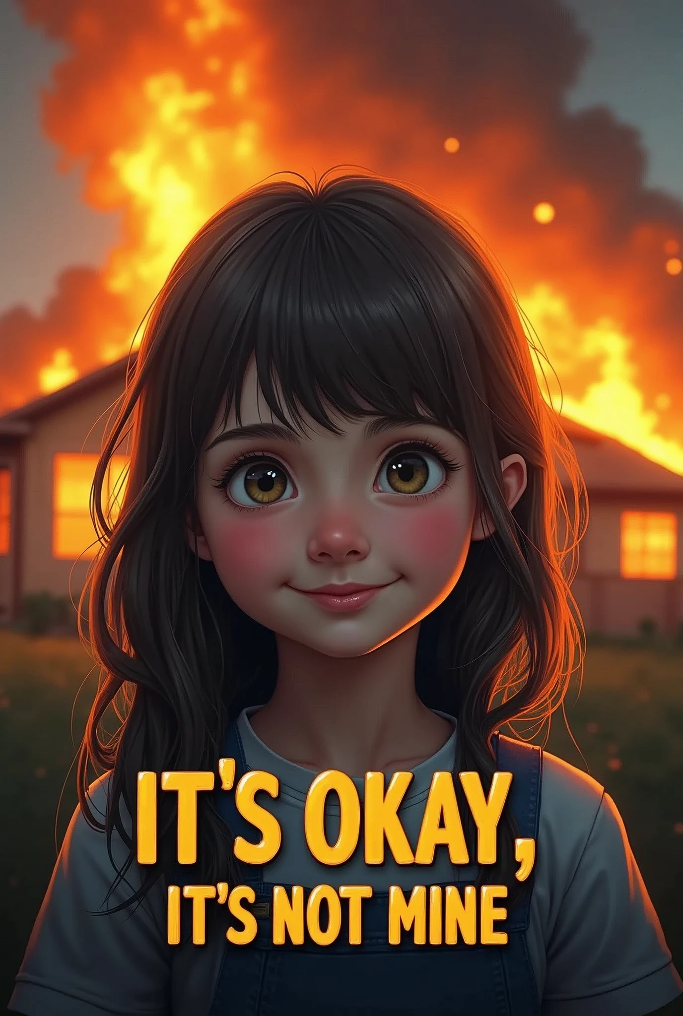 Create a striking typography poster featuring the iconic "Disaster Girl" meme. | Visualize a young girl with an innocent smile and satisfied expression, facing the camera. In the background, a house is engulfed in flames, creating a dramatic and chaotic contrast to her calm demeanor. | The poster should prominently feature the caption: "It's okay, it's not mine," in bold, modern typography. The text should be integrated into the composition in a way that complements the image, emphasizing the dark humor of the scene. | The overall design should balance the tension between the calmness of the girl and the chaos in the background. | Use vibrant colors to highlight the flames and muted tones for the girl to create a visual hierarchy. The typography should be clear and impactful, making the caption stand out without overpowering the image. | The poster should evoke a sense of irony and dark humor, capturing the essence of the "Disaster Girl" meme in a visually engaging and memorable way.