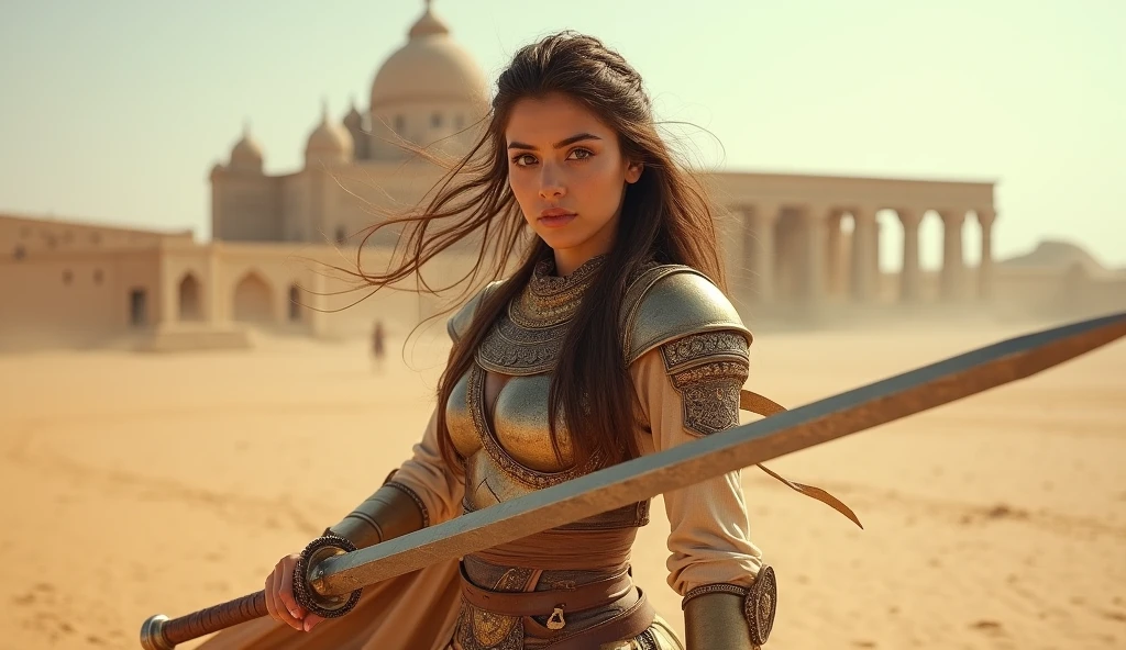(masterpiece), full hd, best quality, 1 girl, solo, 16 years old, beautiful, shapely, big hips, big breasts, innocent, Pure, delicate, Proportional body, perfect body figure, cold face, long hair flying in the wind, Photos with depth, wind, (masterpiece), full hd, best quality, expressive eyes, perfect face, 1 girl, solo, Portrait of an ancient Persian female warrior wearing armor fighting fiercely in the desert, In the distance is an ancient temple, long legs