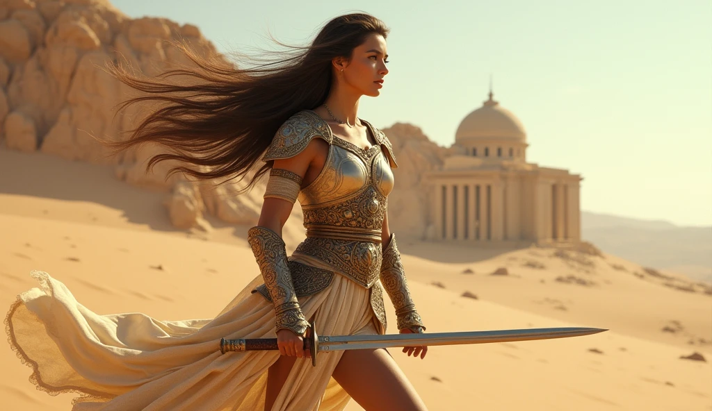 (masterpiece), full hd, best quality, 1 girl, solo, 16 years old, beautiful, shapely, big hips, big breasts, innocent, Pure, delicate, Proportional body, perfect body figure, cold face, long hair flying in the wind, Photos with depth, wind, (masterpiece), full hd, best quality, expressive eyes, perfect face, 1 girl, solo, Portrait of an ancient Persian female warrior wearing armor fighting fiercely in the desert, In the distance is an ancient temple, long legs