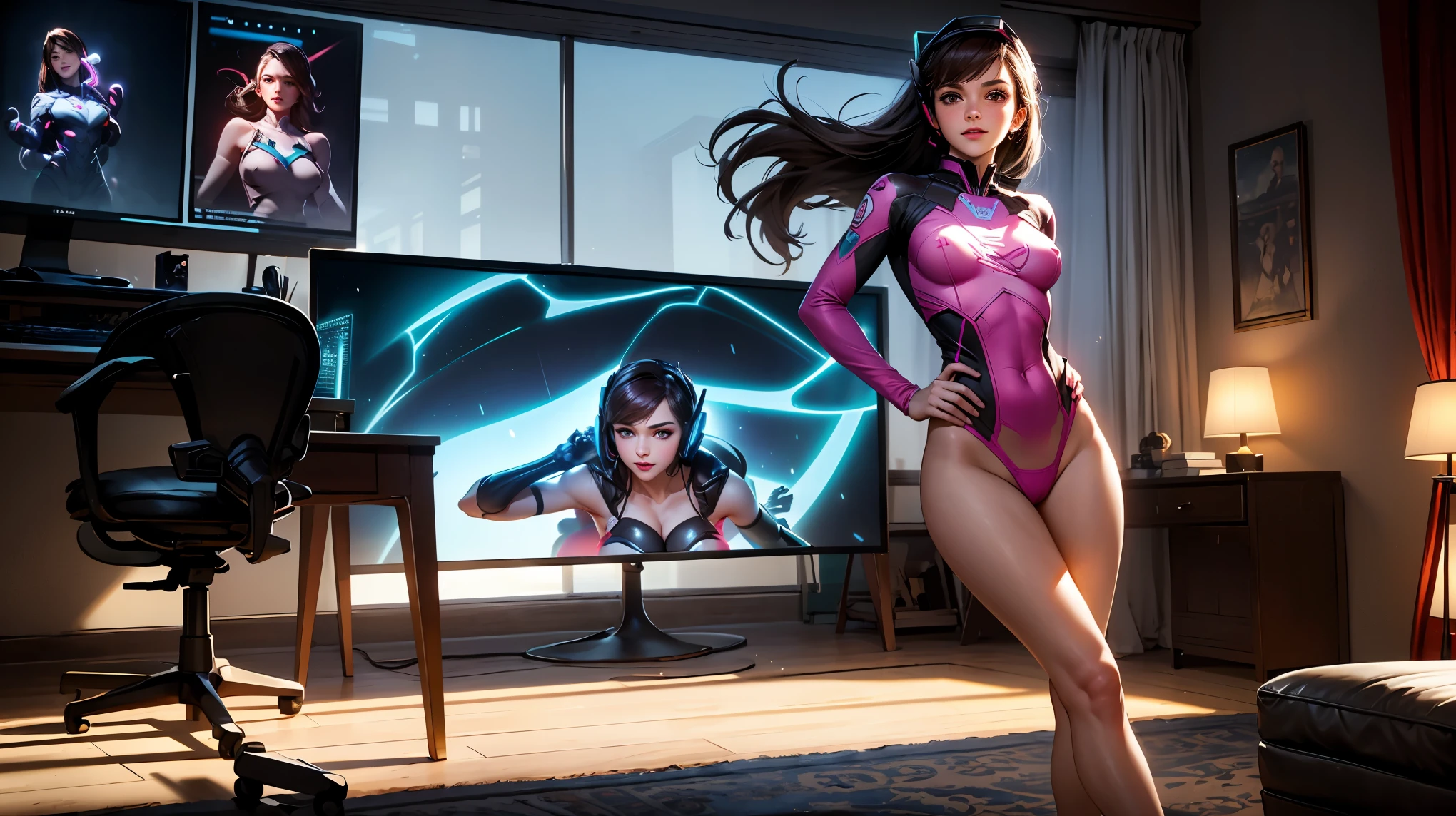 whole body view of adult Emma Watson as D.VA from overwatch in her classic blue and pink textile whole bodysuit uniform standing still looking at viewer, slender body, long wavy brown red floating hair, bang, nice smile, shy smile, whole body, Ideal golden ratio composition, masterpiece, Best quality, 4K, Sharp Focus, Ideal Anatomy, without shoes, Beautiful legs, whole body, whole body shot, 1 girl, action pose, nsfv, , blue thong, whole body, There are posters in the playroom, High-end PC setup with RGB lighting, and various gaming accessories, without shoes, bare feet, bare feet, Beautiful legs,thick thighs, hip gap, camel&#39;s foot, big breastsles, funny , slippsible areolas, visible nipple,