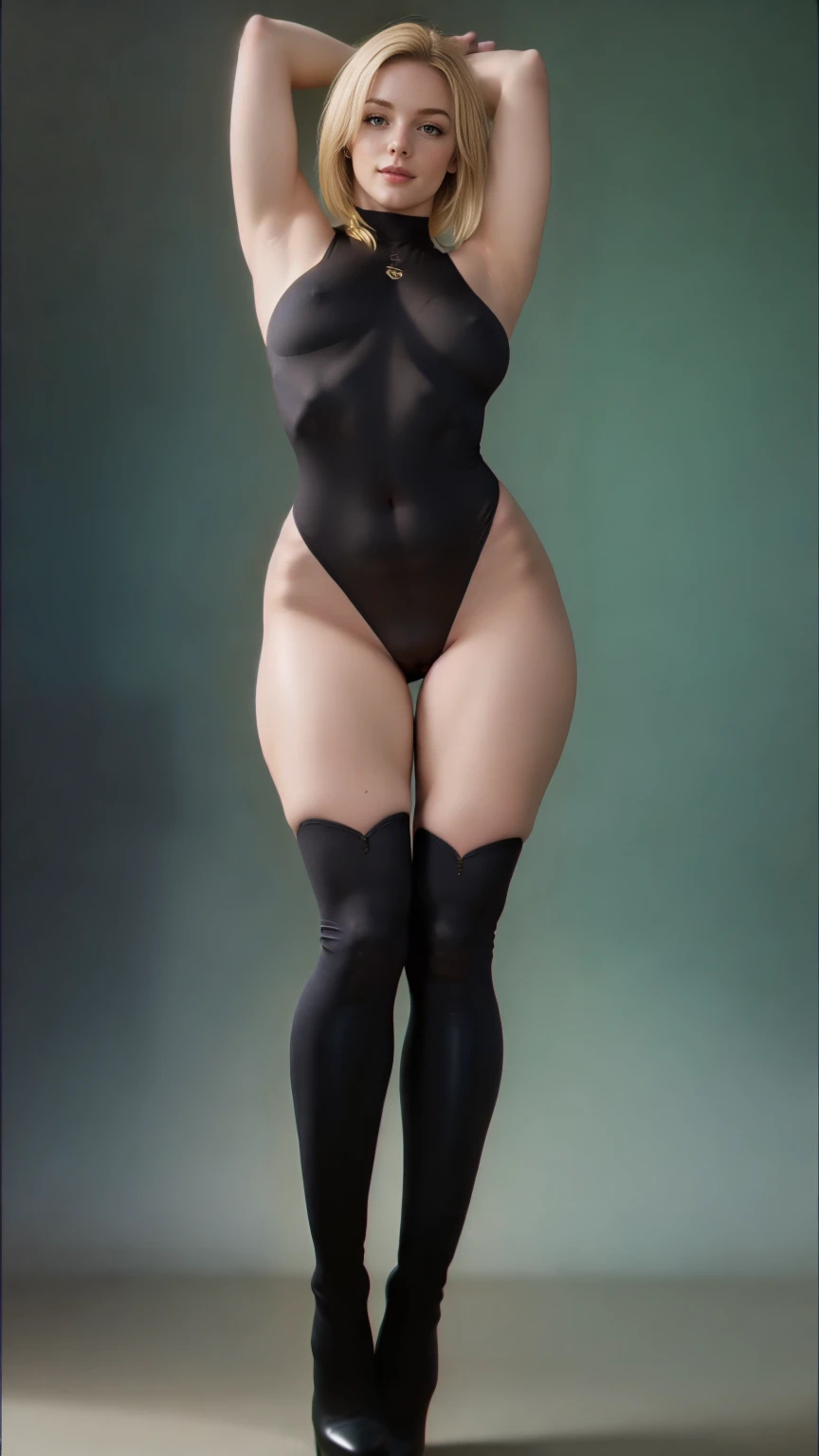 Blonde tattooed woman, open thighs,standing, solo,camel toe,black high leg bodysuit, second skin bodysuit, blonde hair, hazel eyes, skin tight, bare arms, black knee high boots,realistic,photorealistic, view from slightly below, arms behind head pose, contrapposto stance, (correct anatomy), (human anatomy), (perfect posing)
