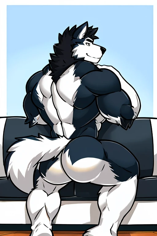 Alaskan Malamute dog black and white fur, muscular, furry, with eyes covered, showing the ,on the couch