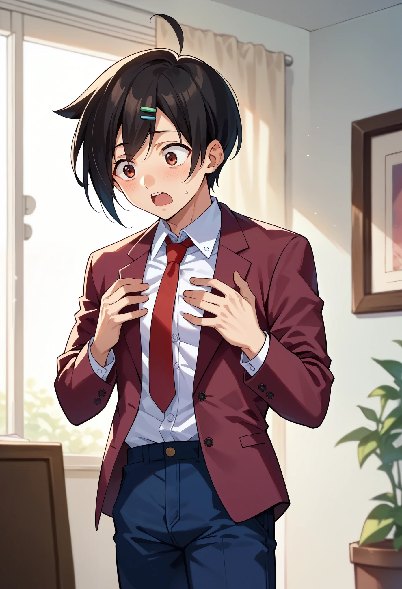 score_9, score_8_up, score_7_up, 1boy, solo, medium breasts, sakuTomo, black hair, short hair, ahoge, maroon blazer, unbuttoned blazer, long sleeves, red necktie, white shirt, dark blue pants, standing, surprised, hands on breasts, cowboy shot, looking down, bedroom,