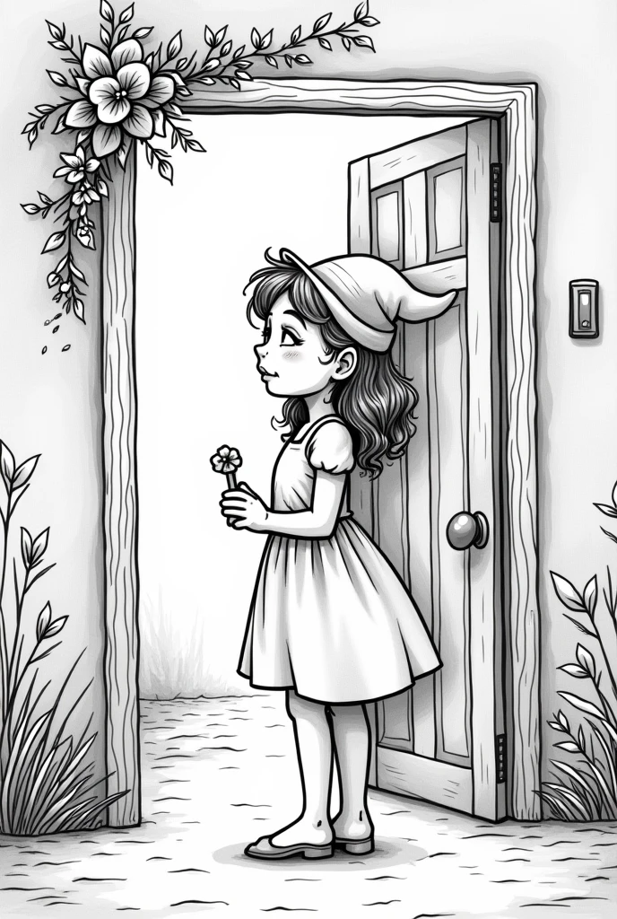 "curious, Juju opened the door and went to an enchanted world full of magical sensations and things she had never seen before.." 
simple line drawing