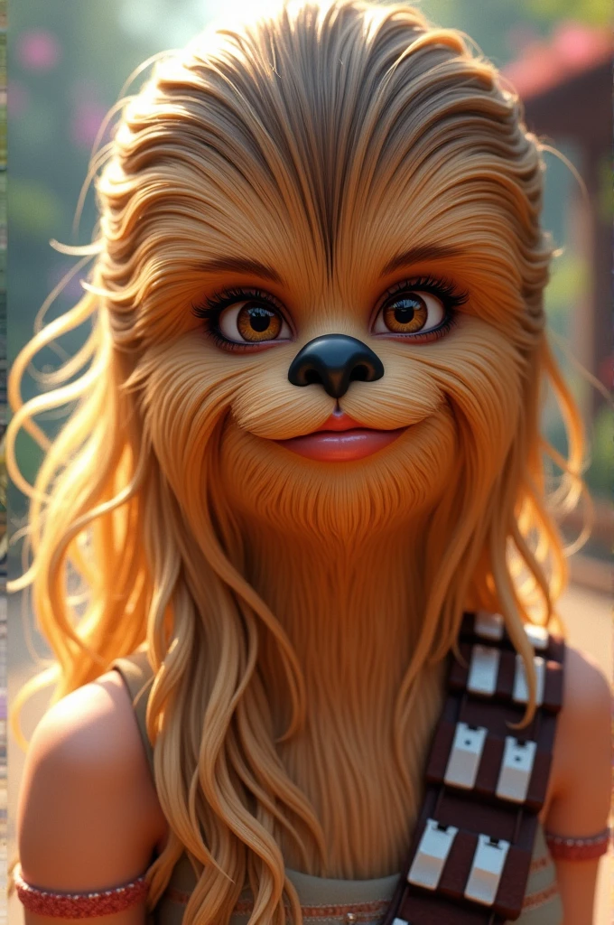 Image stylé Disney d’une jeune femme blonde ronde avec des yeux marrons et des longs cils avec le masque de Chewbacca de star wars