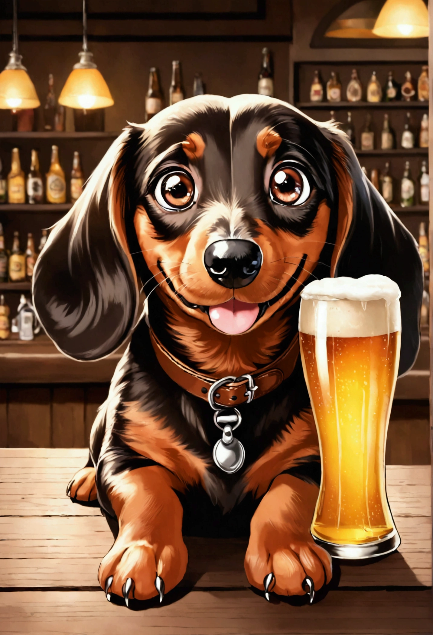 an image of a Dachshund puppy with large eyes and a happy face in a bar drinking a beer