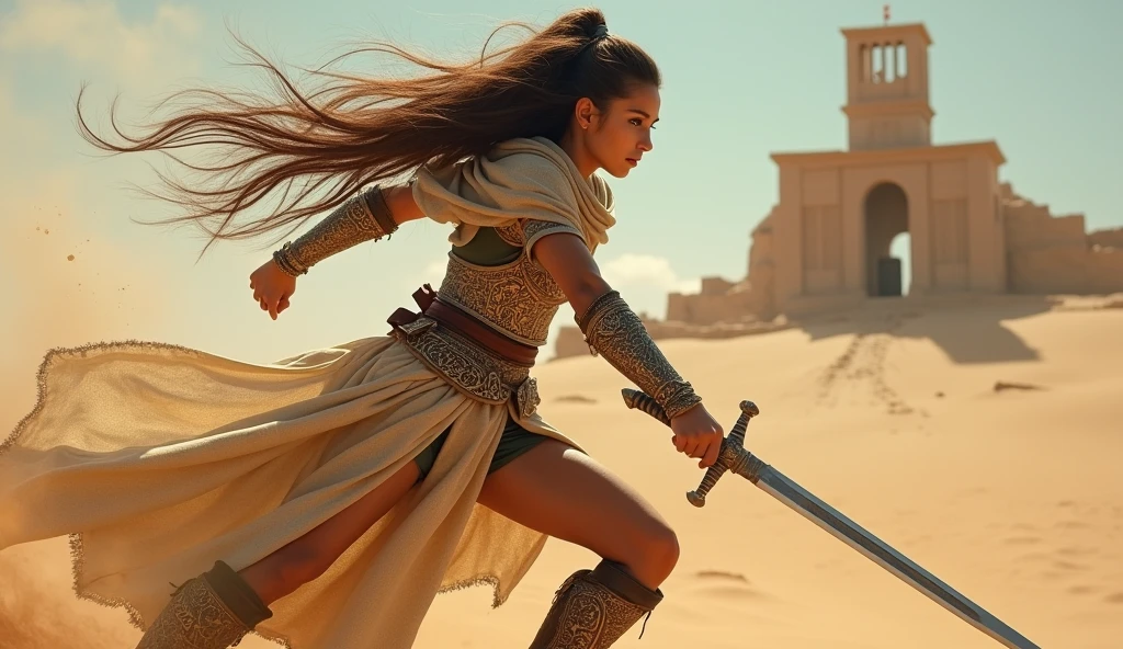 (masterpiece), full hd, best quality, 1 girl, solo, , beautiful, shapely, big hips, big breasts, innocent, Pure, delicate, Proportional body, perfect body figure, cold face, long hair flying in the wind, Photos with depth, wind, (masterpiece), full hd, best quality, expressive eyes, perfect face, 1 girl, solo, Portrait of an ancient Persian female warrior wearing armor fighting fiercely in the desert, In the distance is an ancient temple, long legs