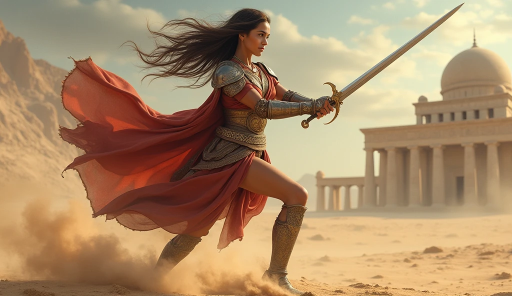 (masterpiece), full hd, best quality, 1 girl, solo, 16 years old, beautiful, shapely, big hips, big breasts, innocent, Pure, delicate, Proportional body, perfect body figure, cold face, long hair flying in the wind, Photos with depth, wind, (masterpiece), full hd, best quality, expressive eyes, perfect face, 1 girl, solo, Portrait of an ancient Persian female warrior wearing armor fighting fiercely in the desert, In the distance is an ancient temple, long legs