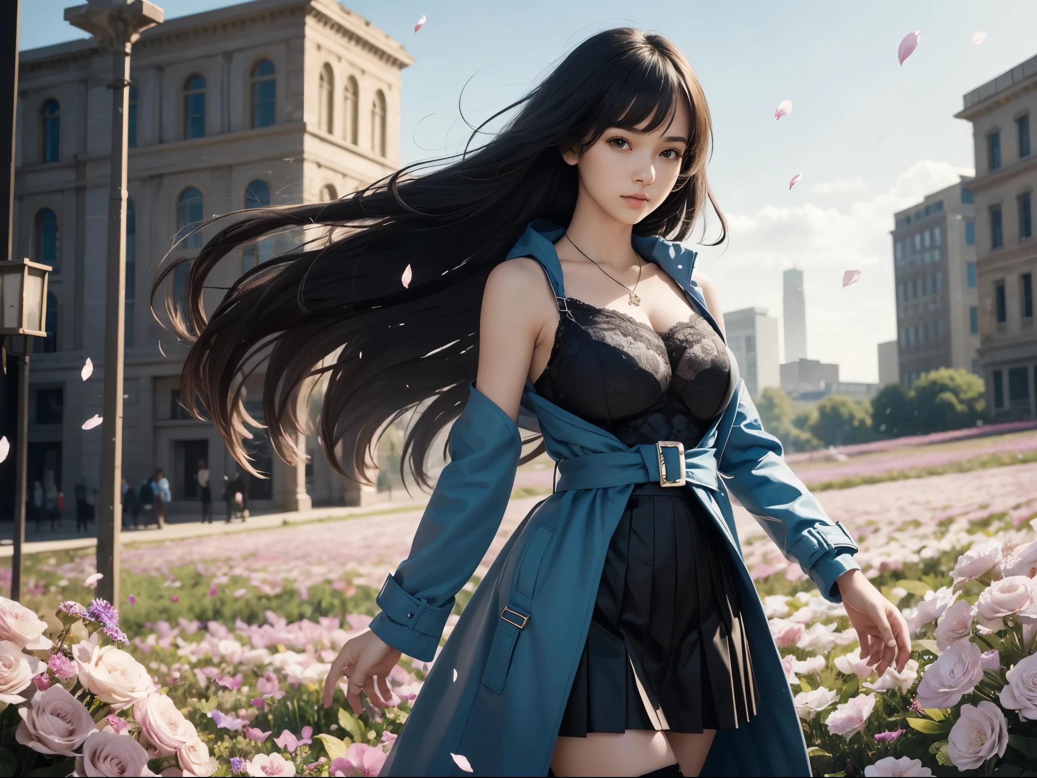 1girl, standing, raise hand, hand in front, blue (sleeveless long coat:1.2), long hair, side swept bangs, black lace leotard, micro pleated skirt, thigh ribbon strap, (strap gap:1.2), arm warmer, arm ribbon, windswept, delicate ring necklace, (gigantic breasts:1.2), detailed face, looking at viewer, blue muffler, flower field, variety of flowers, floating petals, (high quality, masterpiece, realistic:1.3), (cute:1.3), 