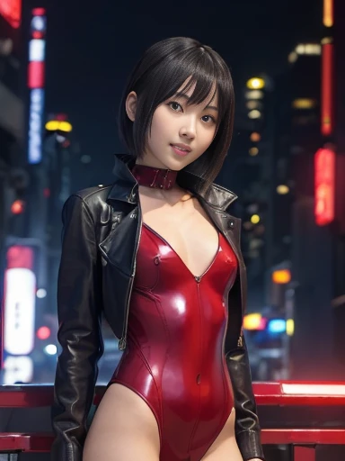 Japanese female, (underweight), (flat chest best quality:1.5), 30 years old, (cheerful grin:1.3),Ghost in the Shell, Motoko Kusanagi,
(black leather jacket), (red bodysuit:1.3), Modern red light district, prostitute, (dark atmosphere:1.2), (cyberpunk:1.2)