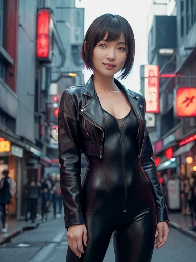 Japanese female, (underweight), (flat chest best quality:1.5), 30 years old, (cheerful grin:1.3),Ghost in the Shell, Motoko Kusanagi,
(black leather jacket), (red bodysuit:1.3), Modern red light district, prostitute, (dark atmosphere:1.2), (cyberpunk:1.2)