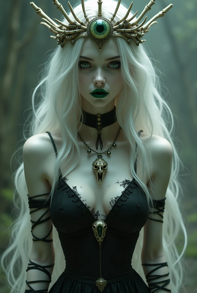 creates a beautiful and terrifying ghost woman at the same time, she also has long wavy white hair that covers her eyes so they are not visible, she wears green lipstick, she wears a necklace with a crow skull, her arms are bony, she has long fingers with claws, she wears several esoteric bracelets on her arms, her fingers are also long with claws, she wears a torn and damaged black sleeveless wedding dress, and she also wears a crown made of bones, and in the center of the crown she has a human eye in his head, he also has a large bust and wears a ring tied to his necklace, he has gray skin