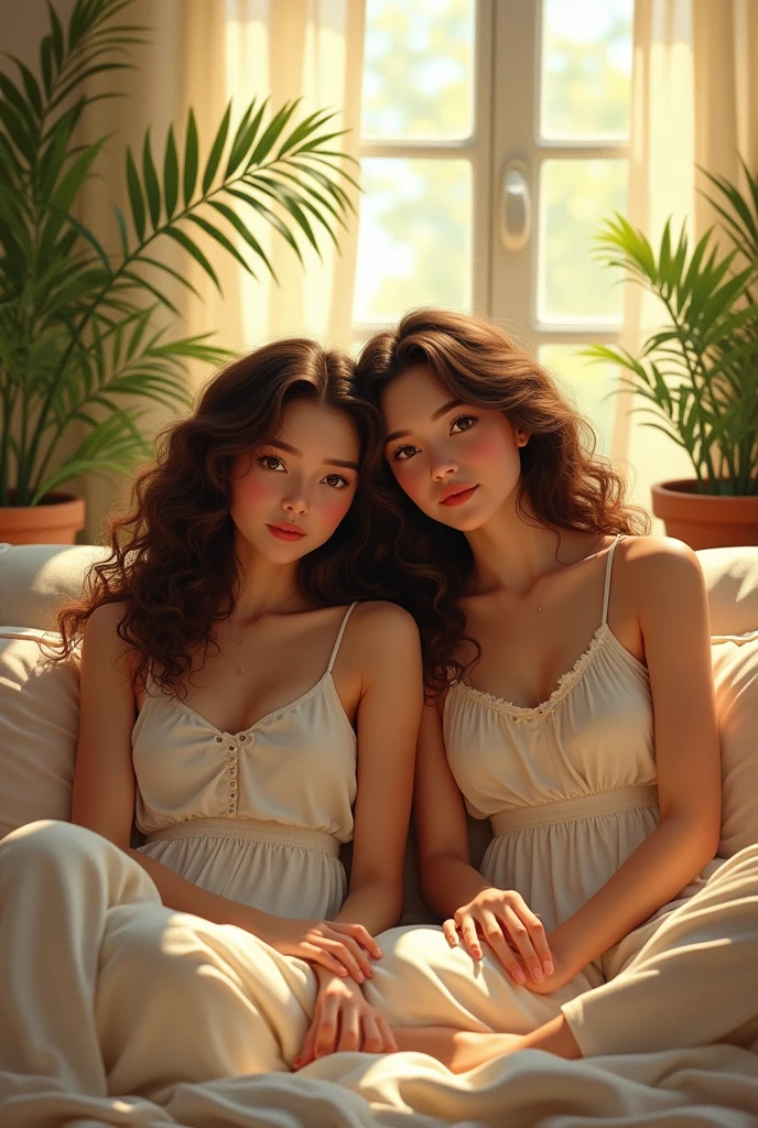(photorealism:1.2), beautiful little girls, sitting on bed, wearing loose off-shoulder top, pajama pants, long curly hair, indoors, soft lighting, plants in background, window with sunlight, cozy room, relaxed pose, realistic, intricate details, warm colors, by Greg Rutkowski, by Alphonse Mucha