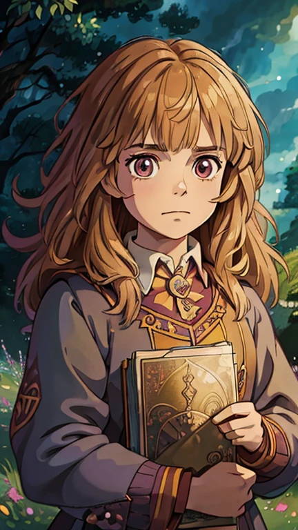 (1girl, Hermione Granger), (extremely detailed CG unit 8k wallpaper),(master part), (best quality), (ultra detail), (best illustration),(ghibli style), cowboy shot, (Sharp eyeliner, ombre, detail eyes:1), Hogwarts, outdoors background, ,break , (fairytaleai), upper body,