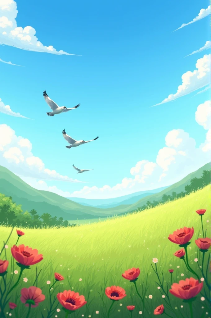 Create for me a blue sky with birds and a field and meadow with reddish flowers