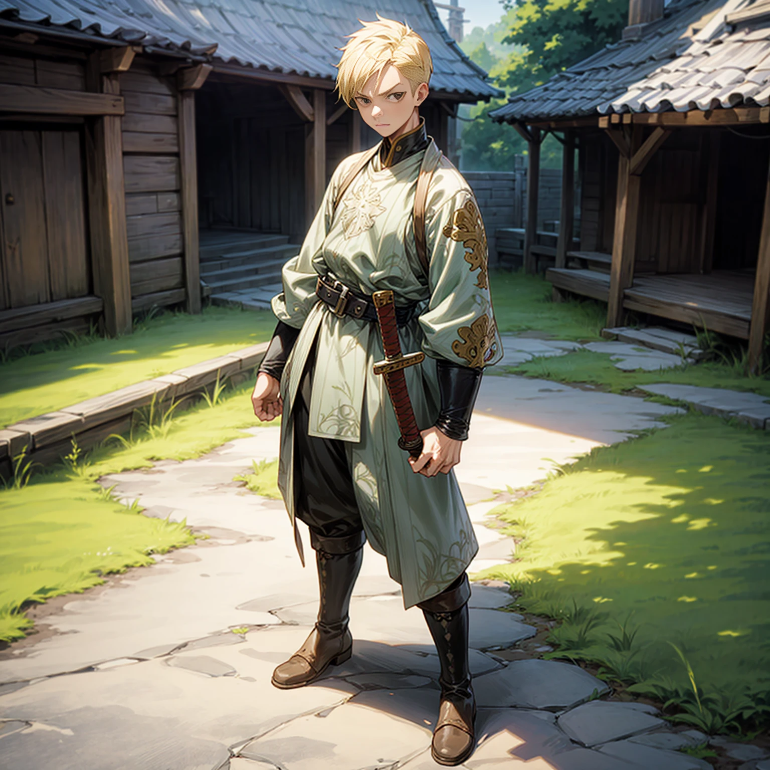 Solo character, full body version, young man, black eyes, blonde color hair, undercut hair, casual clothing, boots, belt, outdoor, village, medieval, morning, standing gesture, detailed background, detailed clothing, detailed hair, sword in hand, (one piece style art), (Bleach style art)