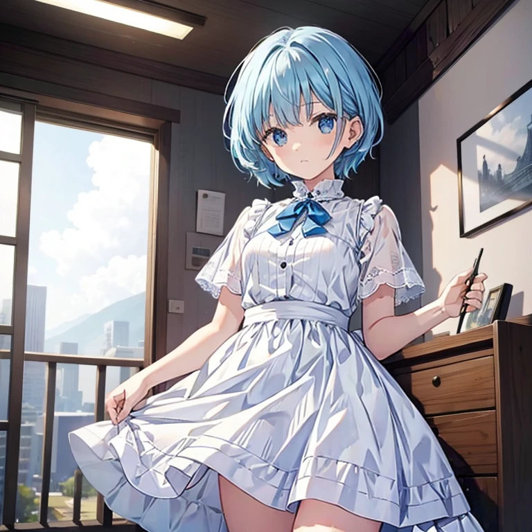 Girl with glasses,White Dress, Blue Hair short hair Cowboy Shot,
