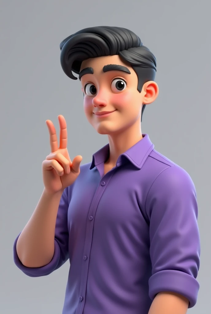 Create character in 3D drawing dark-haired man of 25 years old body medium hair military cut medium peaked black eyes purple shirt he making positive sign