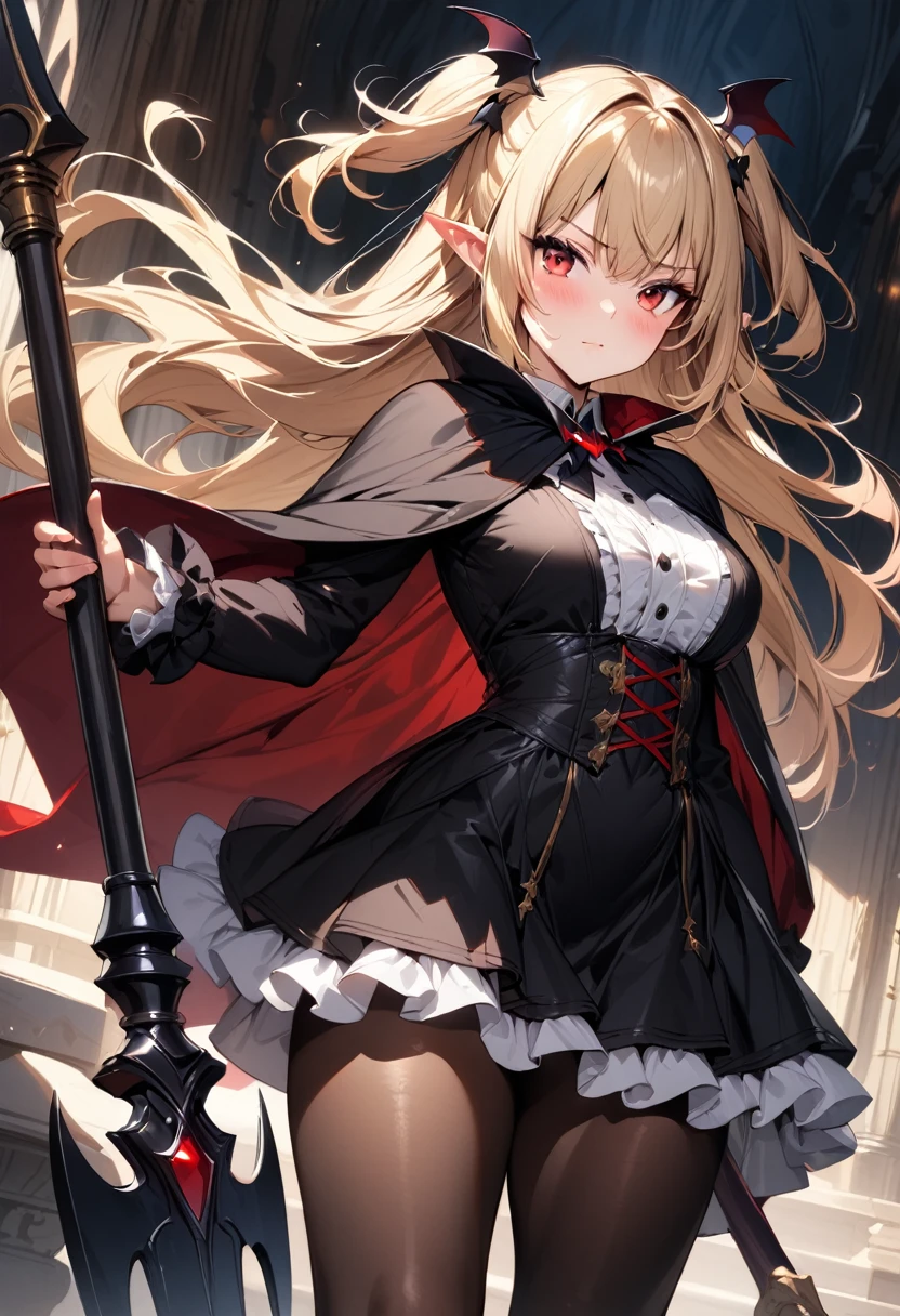 (masterpiece),(best quality),(ultra-detailed),(best illustration),(best shadow),(absurdres),(detailed background),(very aesthetic), 1girl, solo, blonde-hair, red-eyes, pointy-ears, looking-at-viewer, long-hair, hose, vampire, holding, dress, two-side-up, black-panty hair-ornament, holding-weapon, weapon, black-dress, cape, bat-hair-ornament, standing, polearm, long-sleeves, blush, thick thighs, frills, holding-polearm, black-cape, closed-mouth, short-dress, floating-hair, ((Spear))