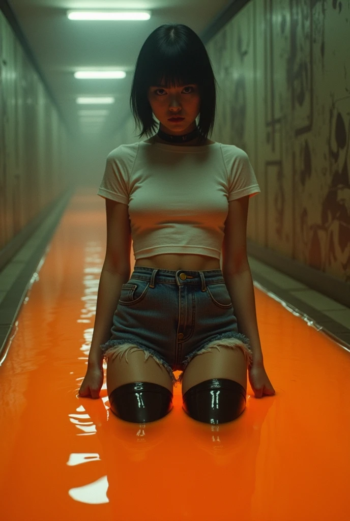 70s setting, grainy analog film, abstract art, stylish legend, artwork, conceptual art, drama, indulges in fetish, rubber black stockings, vintage jeans cut-offs, t-shirt, slave collar, stuck in slime, orange, black,