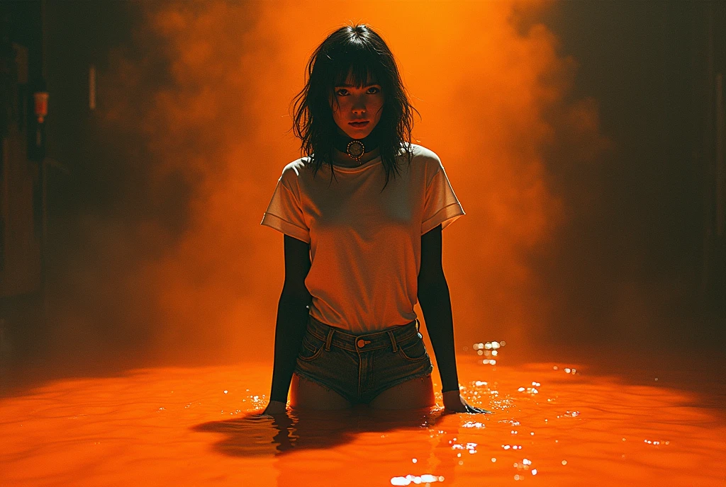 70s setting, grainy analog film, abstract art, stylish legend, artwork, conceptual art, drama, indulges in fetish, rubber black stockings, vintage jeans cut-offs, t-shirt, slave collar, stuck in slime, orange, black,