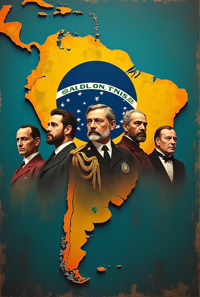 create an image with all the main characters of Brazilian nationalism, with the image of Dom Pedro I, Dom Pedro II, Aeneas , Getulio Vargas,Plinio Salgado and in the background the image of all of South America dominated by Brazil with the coat of arms of the Brazilian Empire and the current Brazilian flag