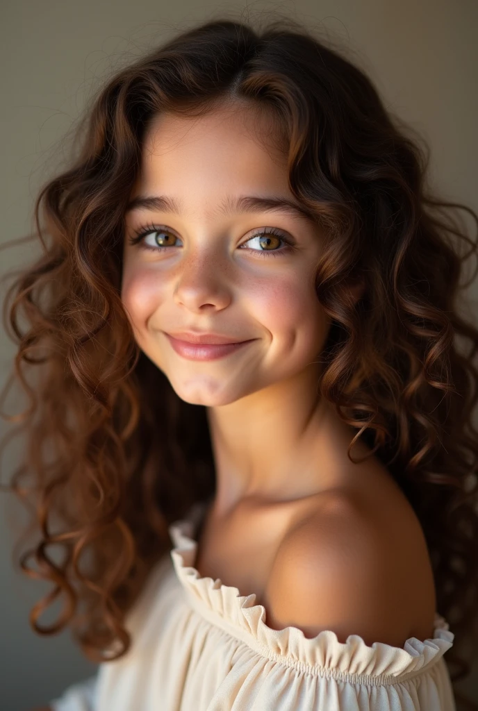 Create multiple photos of a curly haired girl, brunette and pretty