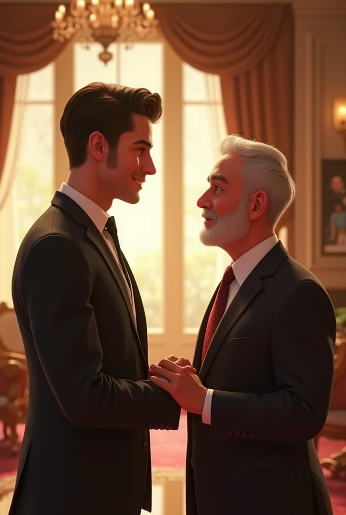 A graduate handsome guy talking to his father at fancy house, pixar style, 3d , high-aesthetic, cinematic, masterpiece